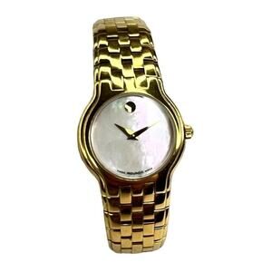 Movado Celestina Wrist Watch Ladies Gold Tone Chainlink Metal Mother of Pearl